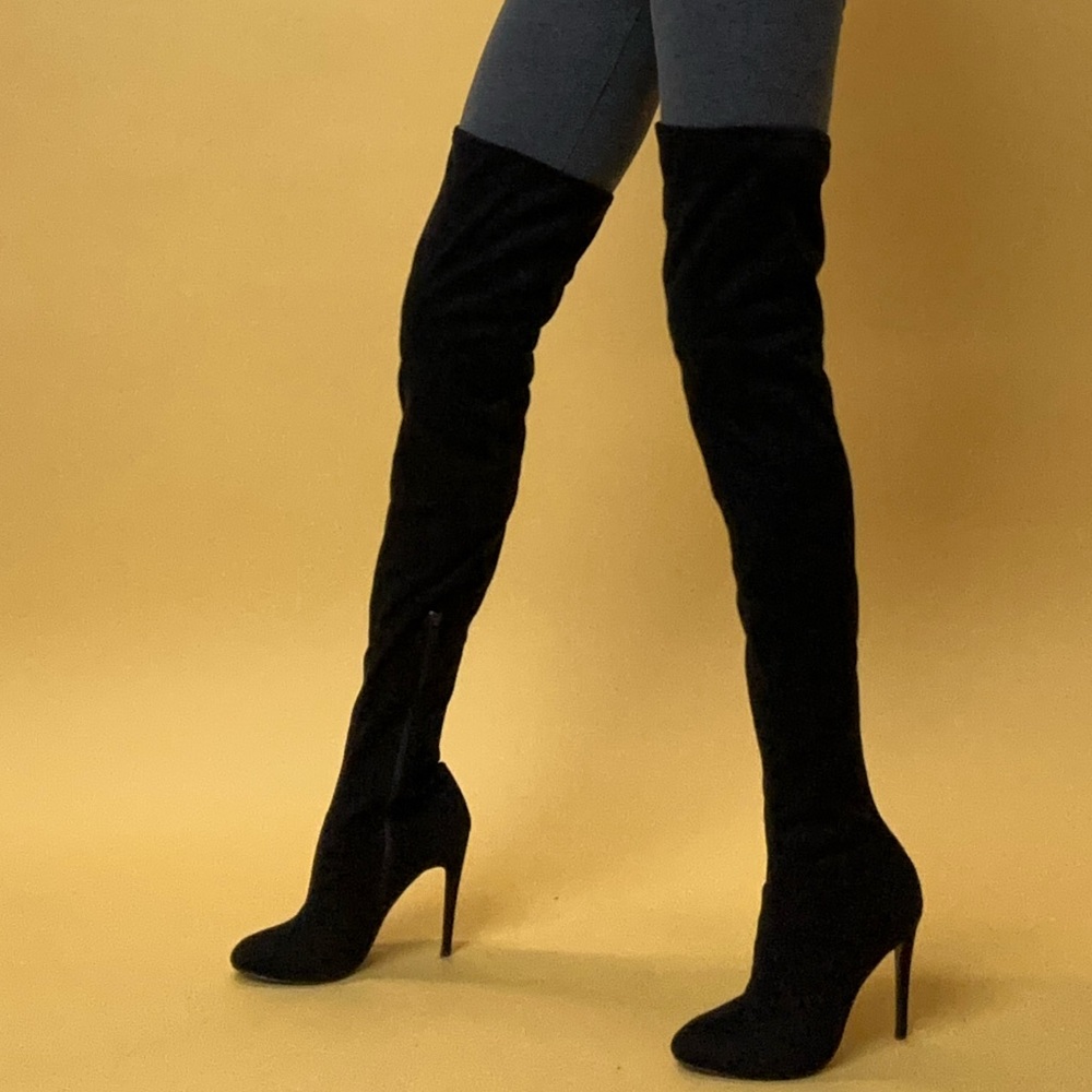 Over the knee black suede heeled boots